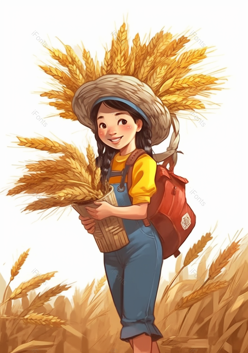 红色背包女孩一个人收割收获麦子麦穗秋季丰收金色插画,插画/手绘图,插画/手绘图库,插画/手绘图下载,插画/手绘